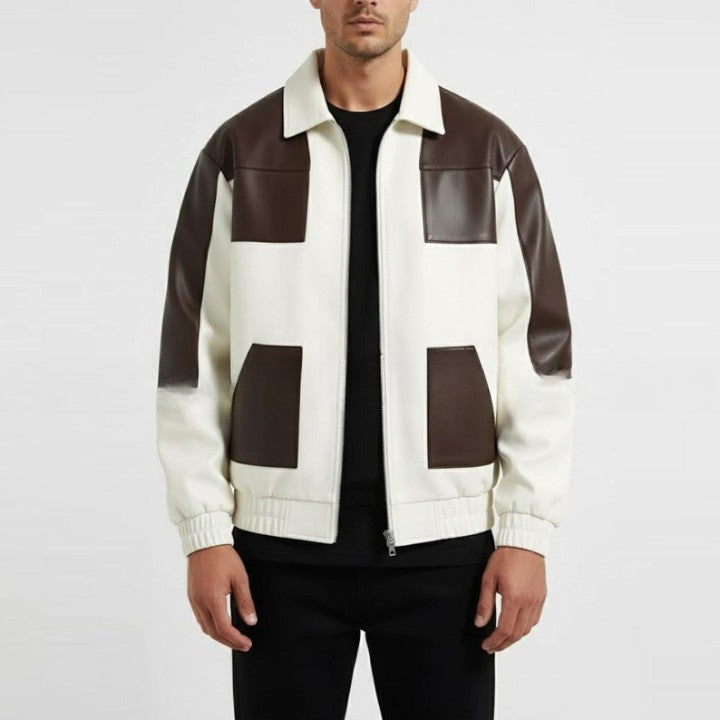 Two Tone Genuine Leather Jacket  Cream  Brown Zip Front
