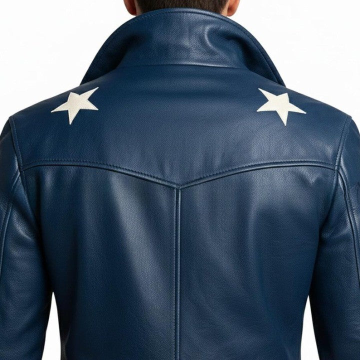 Genuine Leather American USA Flag Long Blue Statement Coat With Star and Stripe Pattern