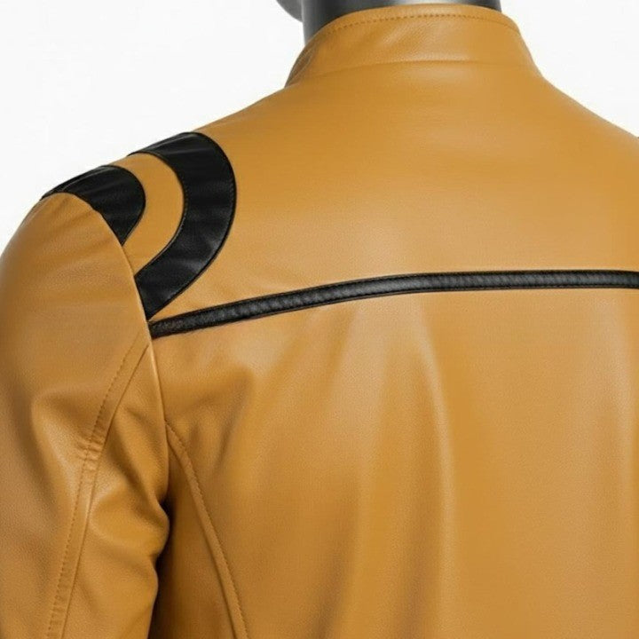Mens Tan Genuine Leather Jacket  High Neck Front Pockets