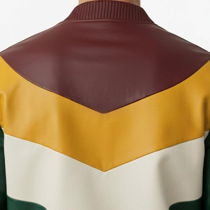 Mens Green Leather Jacket with Yellow  Cream Panel Design  Modern Zip Front Casual Jacket