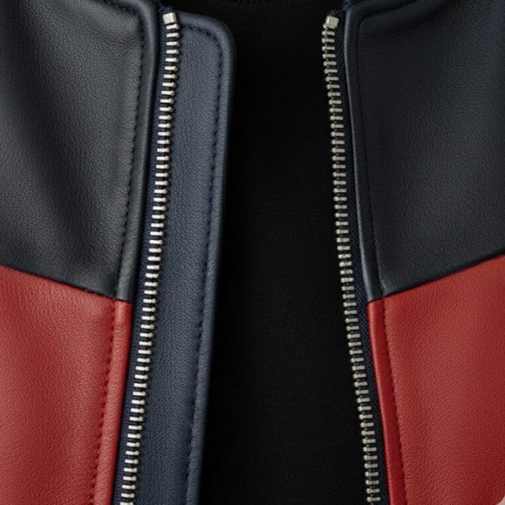 Mens Genuine Leather Bomber Jacket  Navy Red  Cream Panel Design