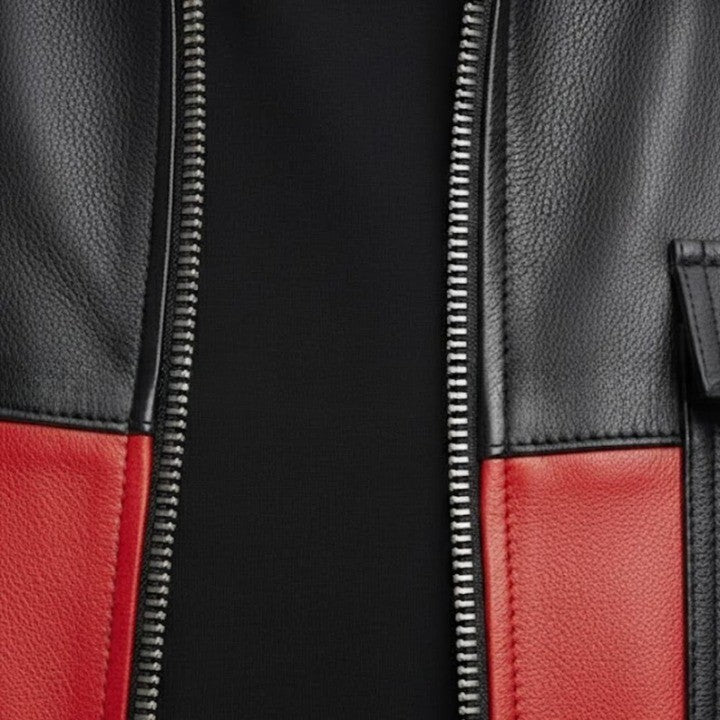 Mens Black and Red Genuine Leather Jacket Modern Zip Front