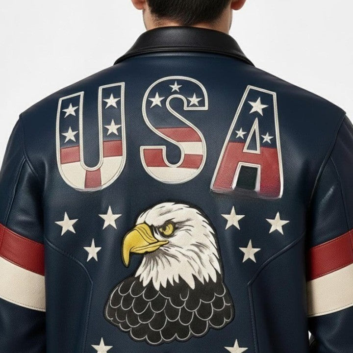 USA Text Navy Color Genuine Leather Jacket with Contrast Arm Stripe Detail