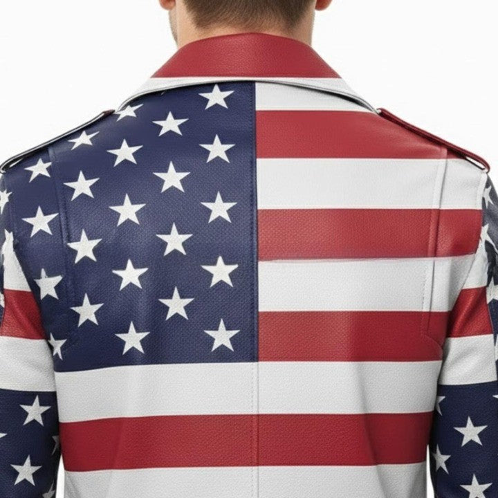 Genuine Leather Biker Style Jacket with Star and Horizontal Stripe Panel Design