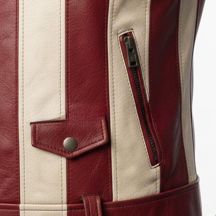 American Style USA Flag Asymmetrical Color Panel Biker Style Genuine Leather Jacket for Men