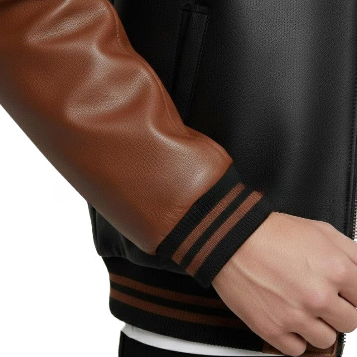 Men’s Brown & Black Leather Bomber Jacket – Classic Contrast Zip-Up Style