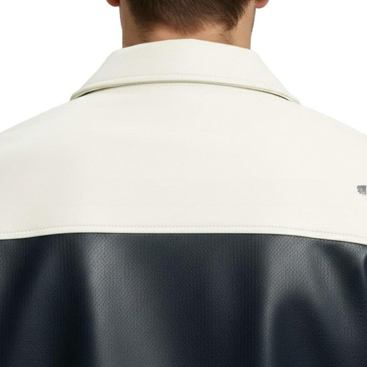 Two Tone Black and Cream Mens Leather Jacket with Front Zip and Ribbed Cuffs