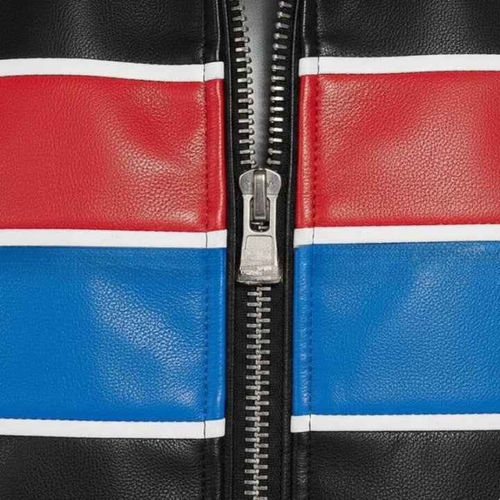 Black Jacket with Red and Blue Panel Design For Men  Genuine Leather Puffer Coat