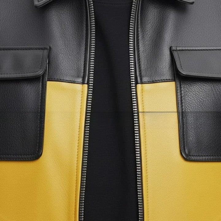 Mens Black  Yellow Genuine Leather Jacket  Modern Casual Style
