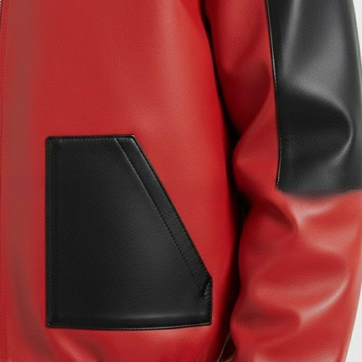 Red and Black Color Block Leather Jacket for Men  Urban Streetwear Zip Jacket