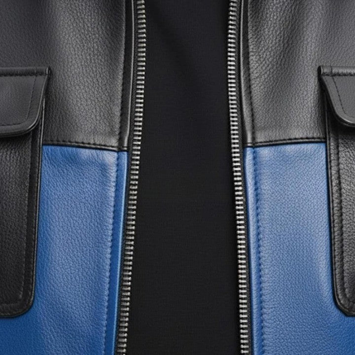 Mens Black  Blue Genuine Leather Jacket  Modern Zip Front
