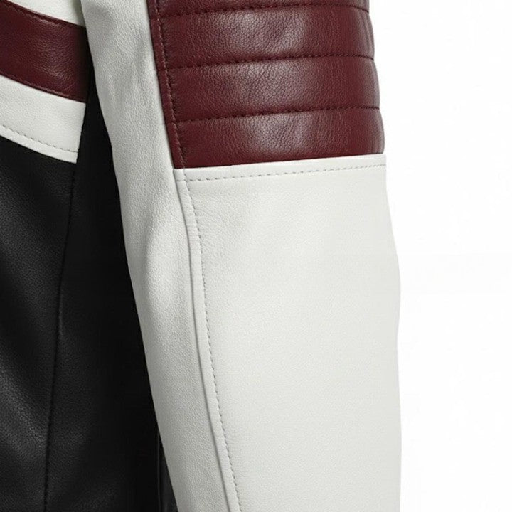 Mens Genuine Leather Racing Jacket  Contrast Panel Fashion Coat