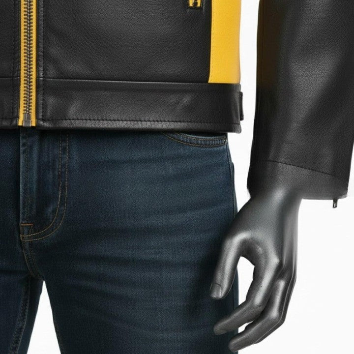 Mens TwoTone Genuine Leather Jacket  Black  Yellow Trim