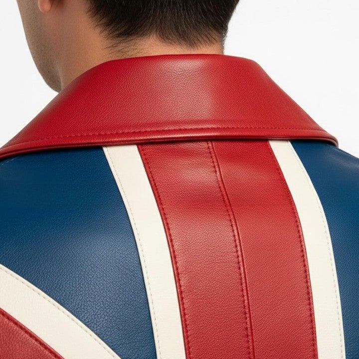 Genuine Leather Long Color Block UK Flag Coat with Geometric Panel Design