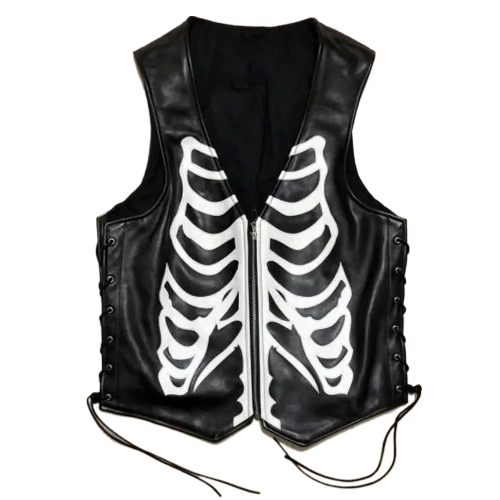 Mens Skeleton Black Leather Vest