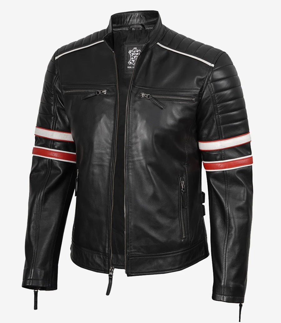 Men’s Black Cafe Racer Leather Jacket with Red & White Stripes