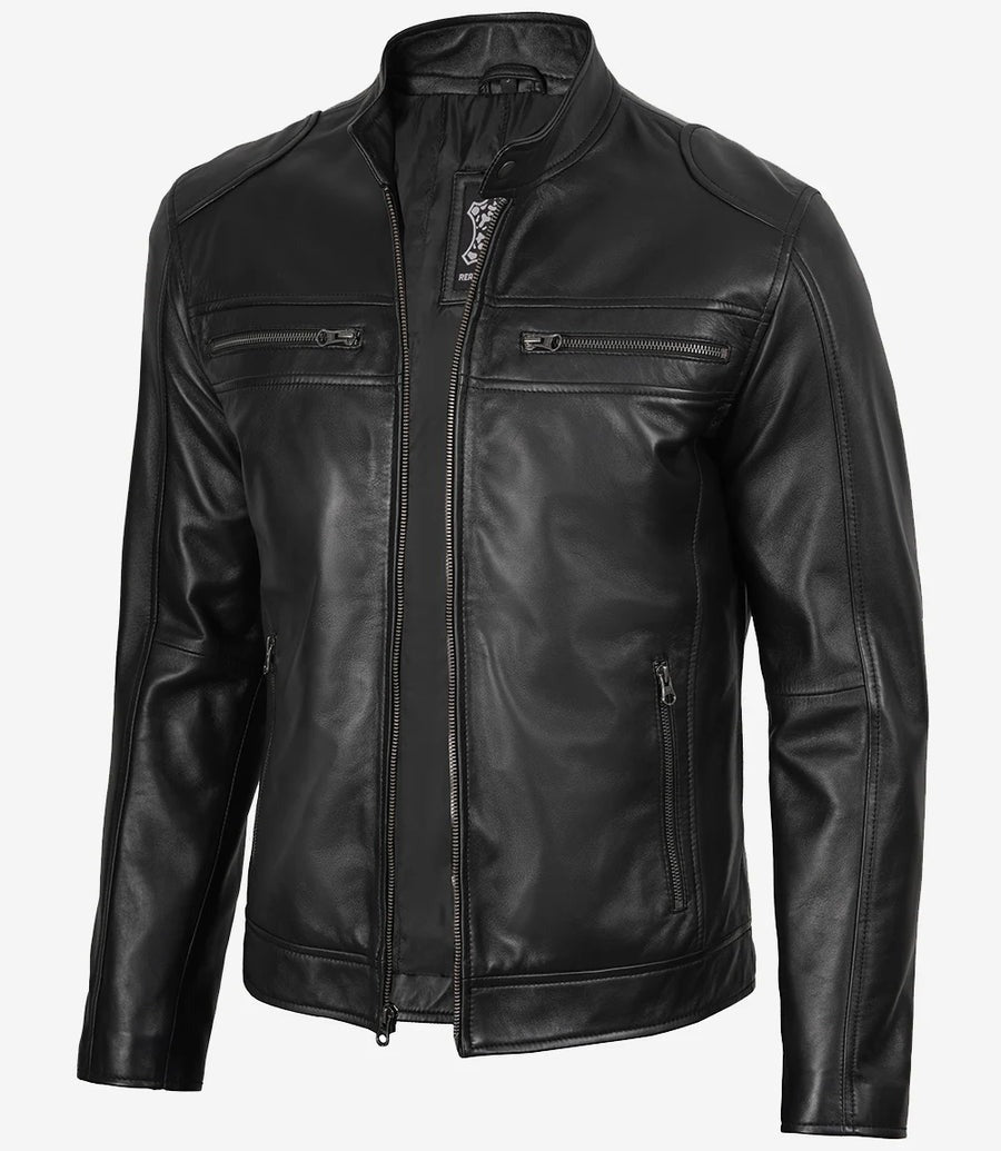 Mens Black Lambskin Biker Leather Jacket
