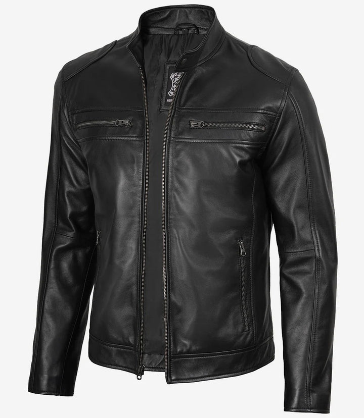 Mens Black Lambskin Biker Leather Jacket