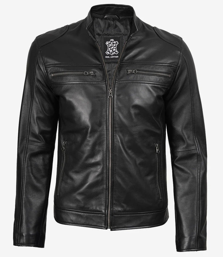 Mens Black Lambskin Biker Leather Jacket