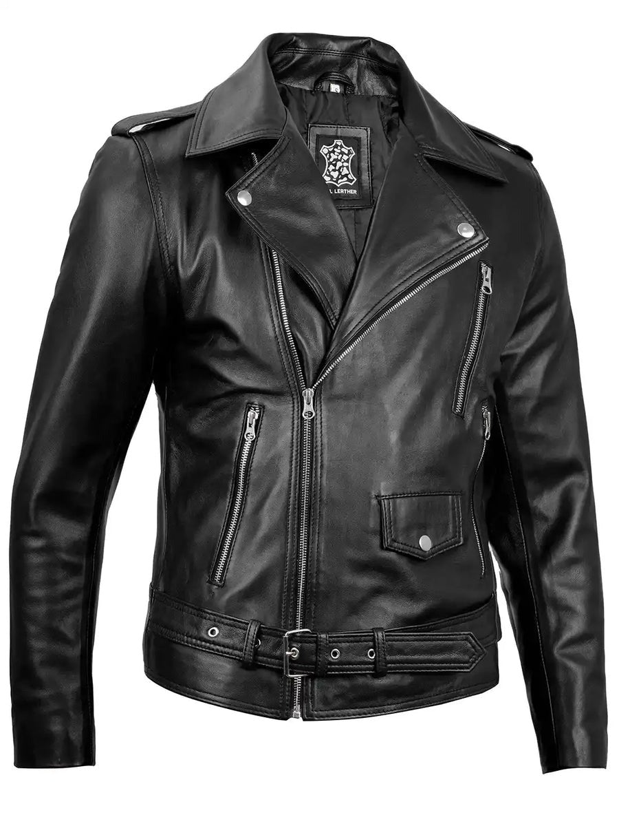 Men's Black Asymmetrical Belted Leather Biker Style Jacket