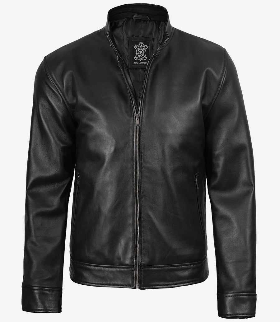 Men's Black Cafe Racer Style Real Leather Jacket