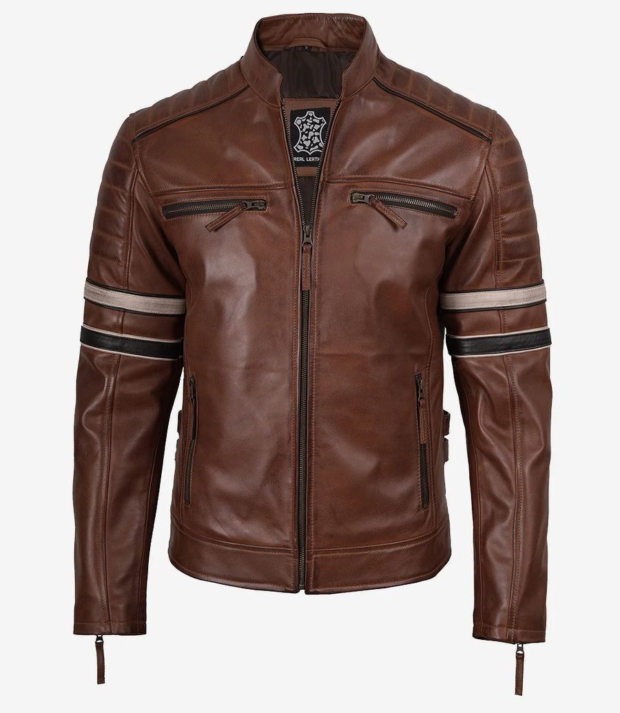 Men's Cognac Brown Leather Racer Jacket with Black and Beige Stripes