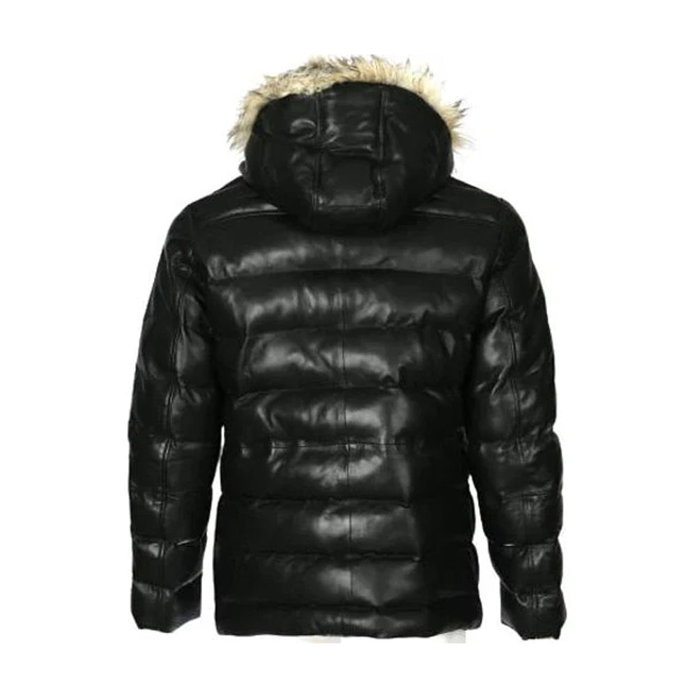 Mens Puffer Leather Jacket In Black With Fur Hoodie