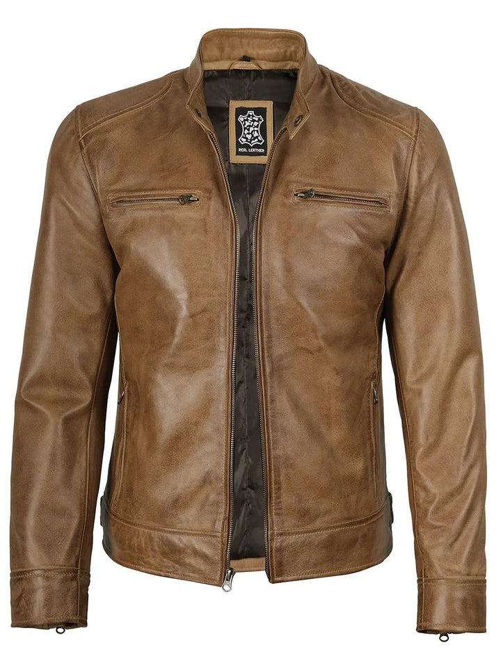 Real Leather Men's Camel Brown Cafe Racer Jacket