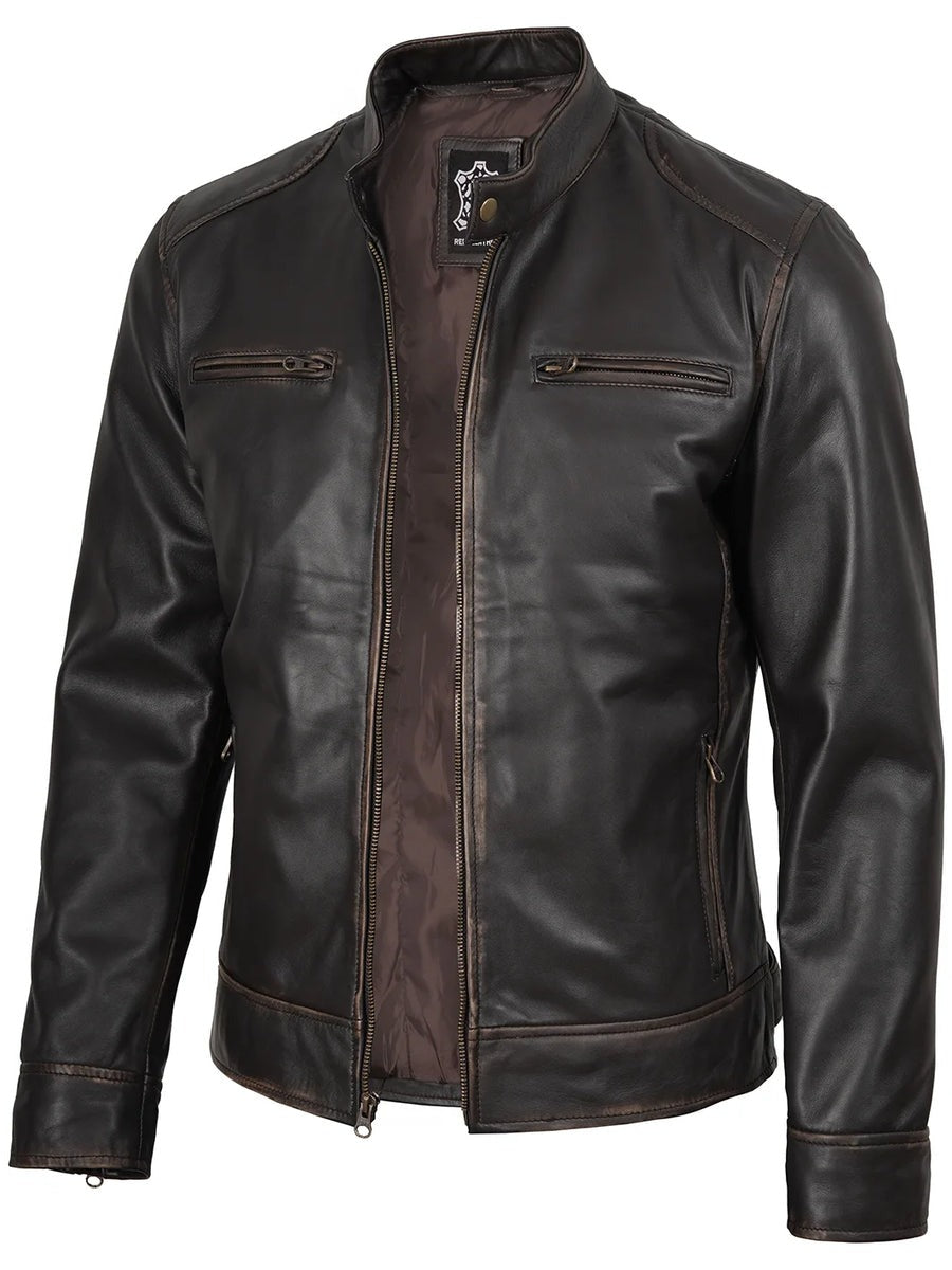 Men's Rub-Off Dark Brown Cafe Racer Style Leather Jacket