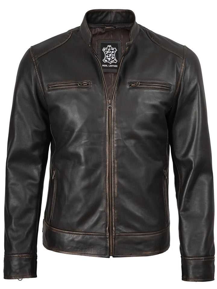 Men's Rub-Off Dark Brown Cafe Racer Style Leather Jacket