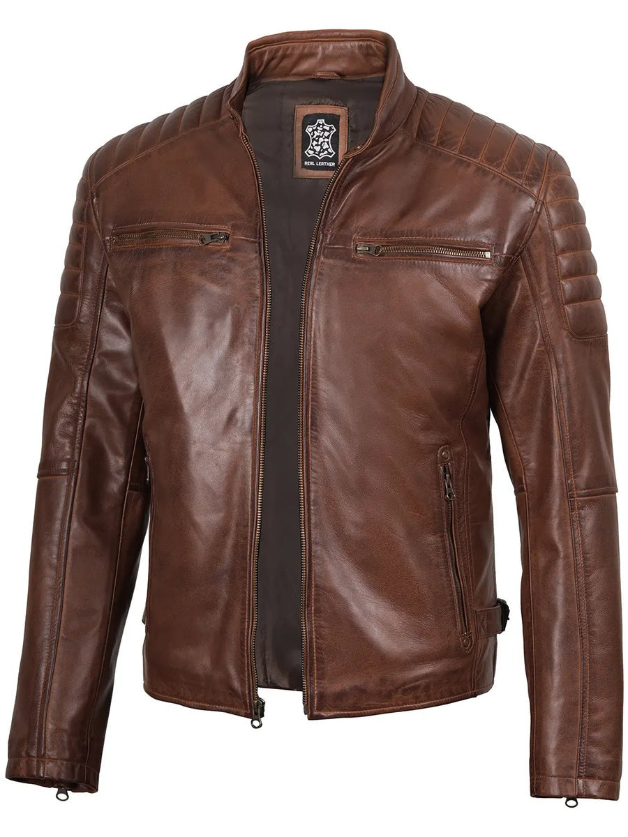 Mens Cognac Brown Cafe Racer Style Leather Jacket
