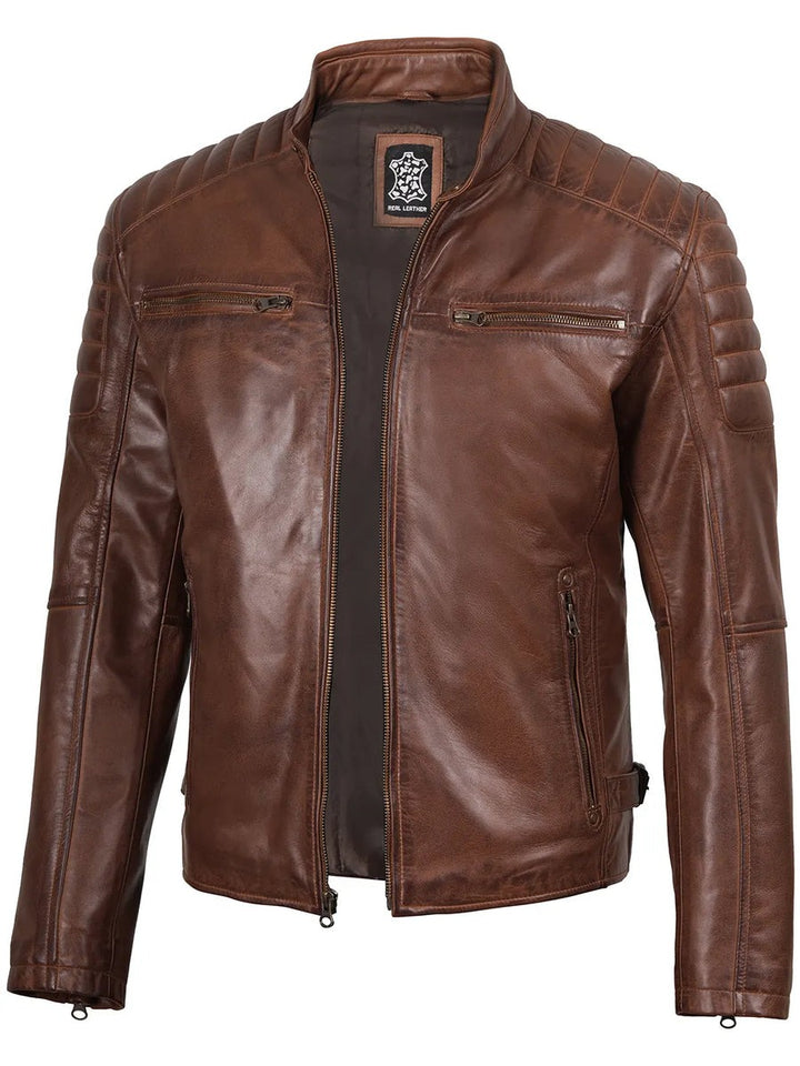 Mens Cognac Brown Cafe Racer Style Leather Jacket