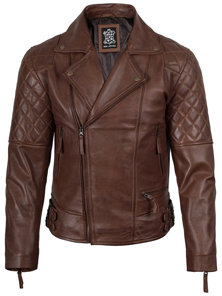 Mens Dark Brown Quilted Asymmetrical Leather Biker Style Jacket