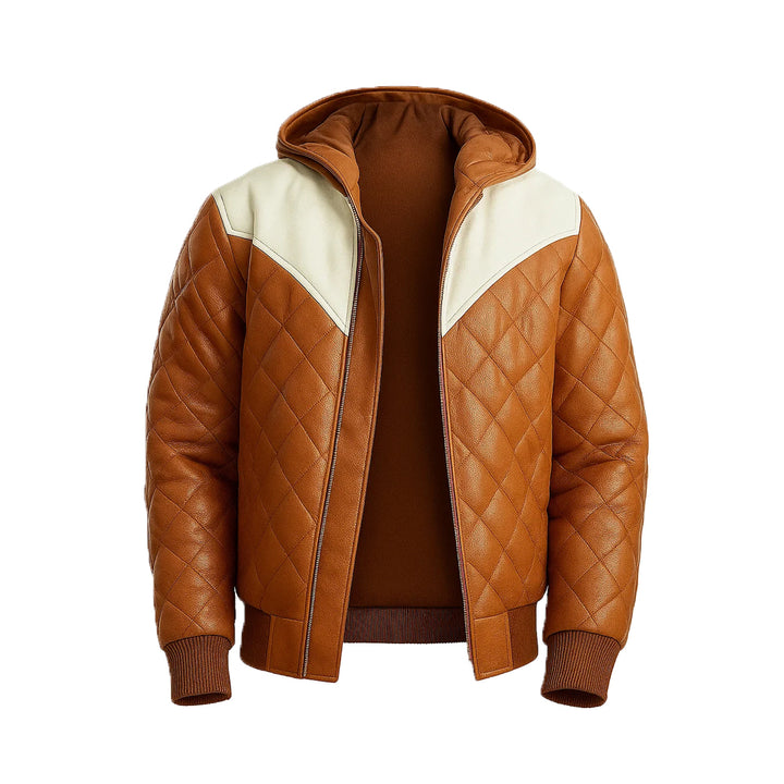 Hooded Bomber Puffer Leather Jacket Brown