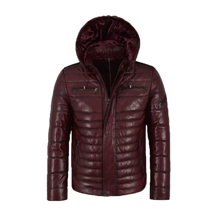 Hooded Leather Puffer Padded Jacket Cherry