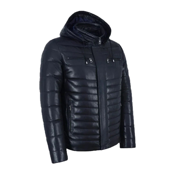 Hooded Leather Puffer Padded Jacket Navy