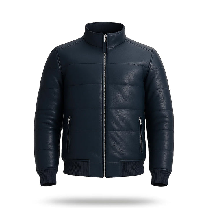Maven Bomber Puffer Leather Jacket Blue