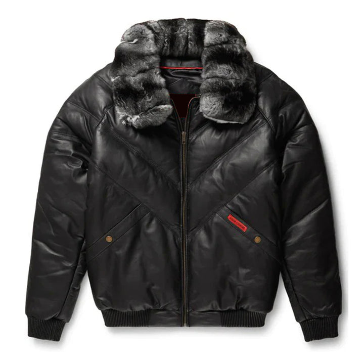 Men's Black Leather Puffer Jacket