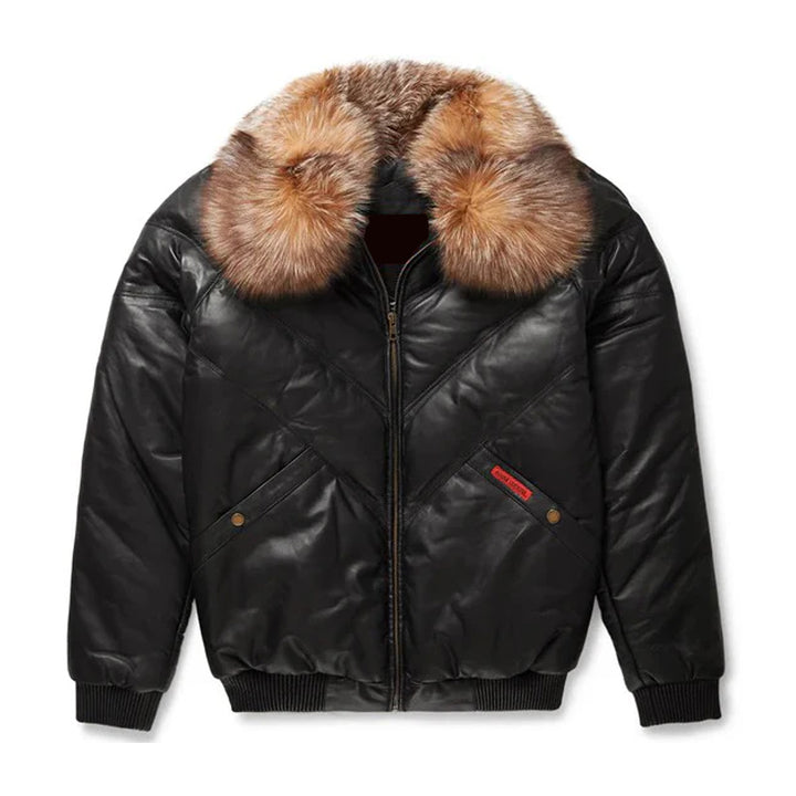 Men's Black Leather V-Bomber Jacket with Crystal Faux Fur