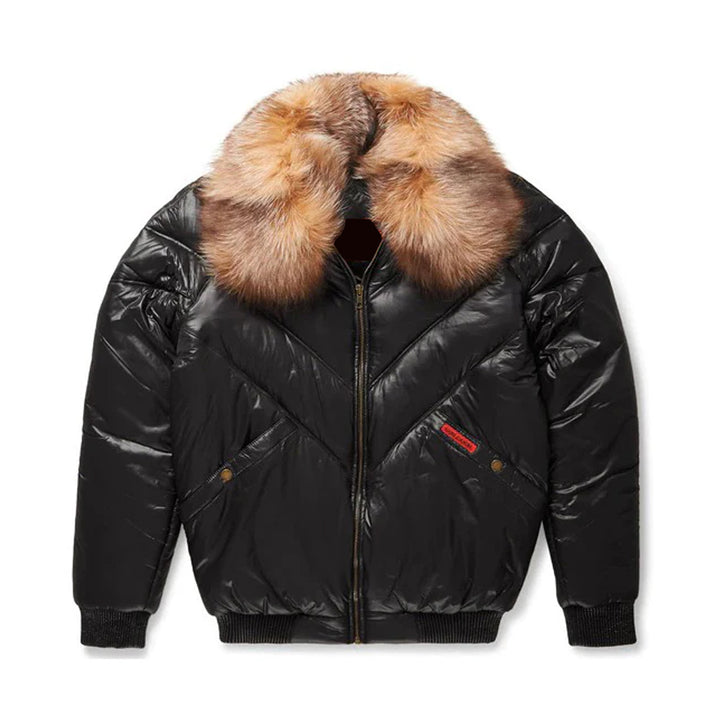 Men's Black Leather V-Puffer Jacket