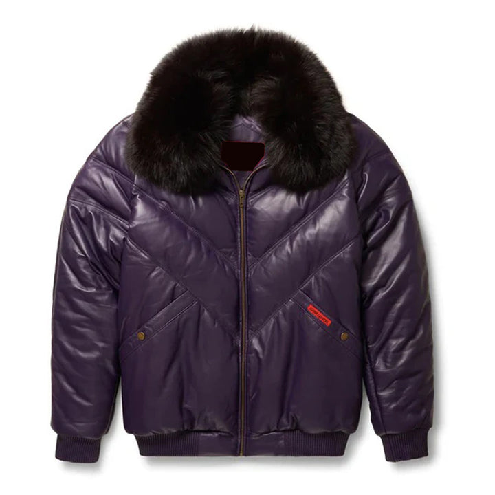 Men's Purple Leather V- Puffer Jakcet