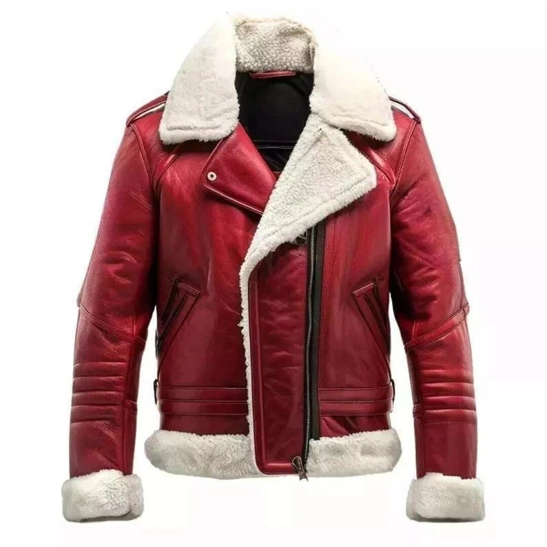 Men’s Red Leather Shearling Jacket - Christmas Style