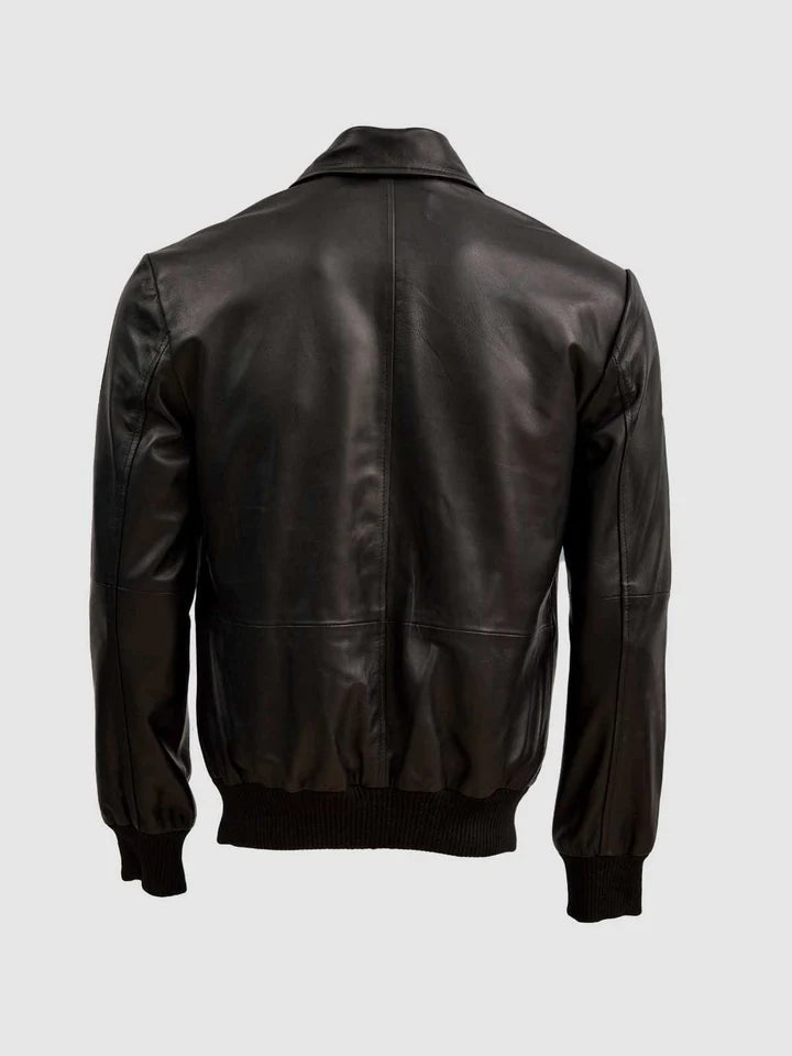 Men’s classic Black Leather Bomber Jacket backside