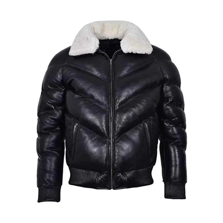 Mens Military Style Puffer Leather Jacket Black