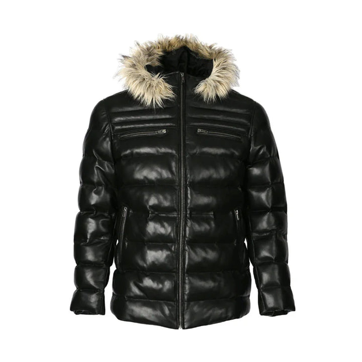 Mens Puffer Leather Jacket In Black With Fur Hoodie