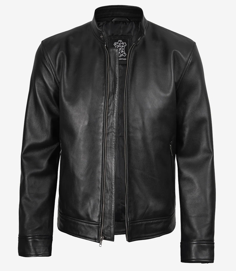 Men's Black Cafe Racer Style Real Leather Jacket