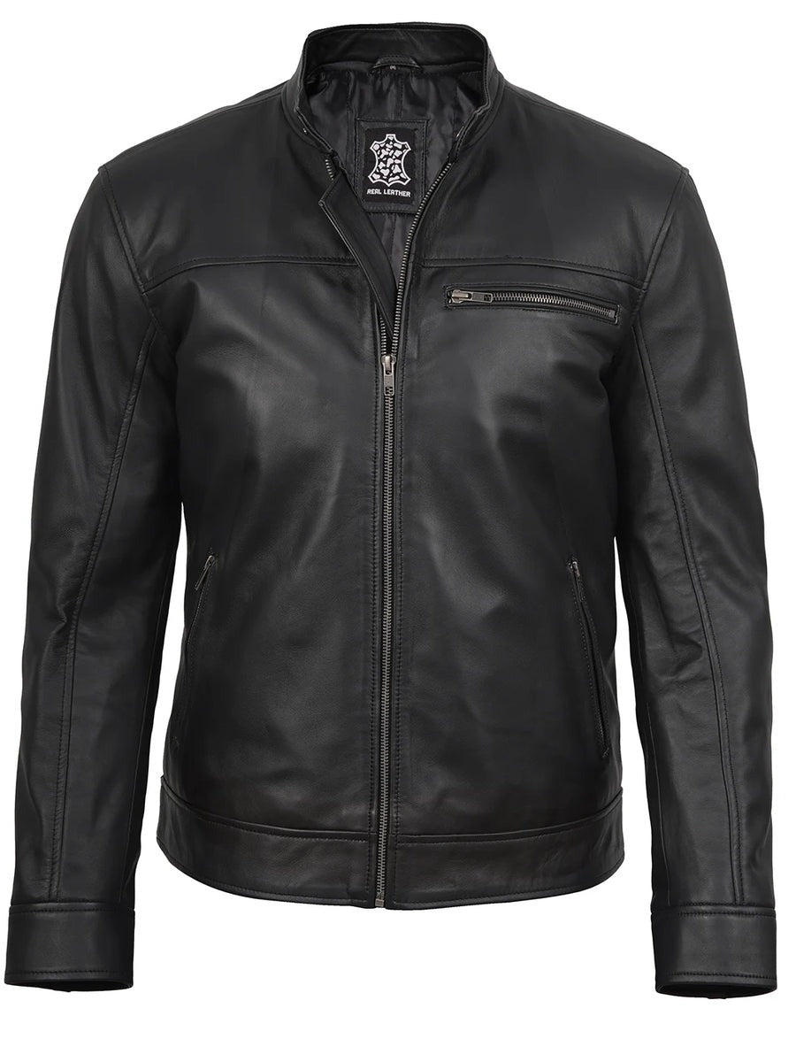 Mens Black Cafe Racer Style Real Leather Jacket