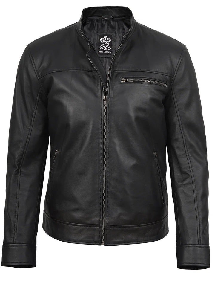 Mens Black Cafe Racer Style Real Leather Jacket