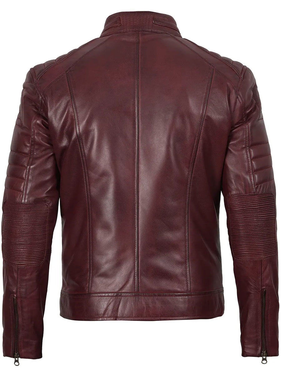 Mens Burgundy Cafe Racer Style Leather Jacket