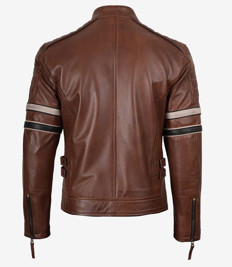 Men's Cognac Brown Leather Racer Jacket with Black and Beige Stripes